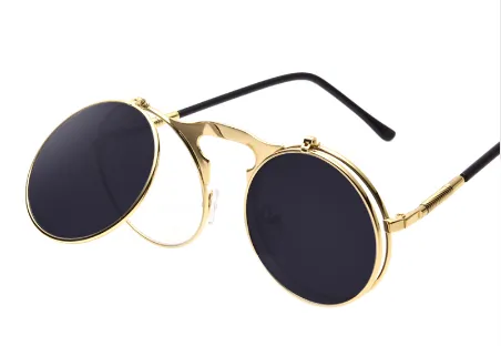 Retro Flip Cover Polarizer Men And Women General Sunglasses Metal Sunglasses Black Gold - Shop at LoveMi