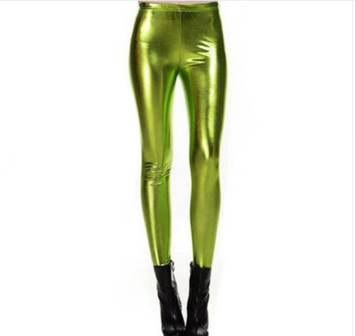 Foreign Trade Spring Fashion Metal Texture Bright Leather Leggings Was Thin Nightclub Punk Wind Nine Pants Women Light Green - Shop at LoveMi