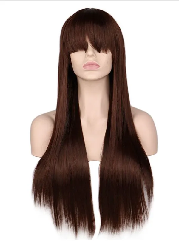 Wig female light pink long straight bangs wig high temperature silk wig fashion wig cross border exclusive Dark Brown - Shop at LoveMi
