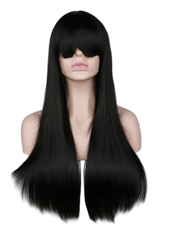 Wig female light pink long straight bangs wig high temperature silk wig fashion wig cross border exclusive Black - Shop at LoveMi