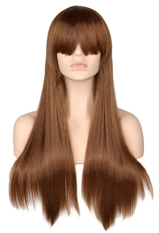 Wig female light pink long straight bangs wig high temperature silk wig fashion wig cross border exclusive Light Brown - Shop at LoveMi