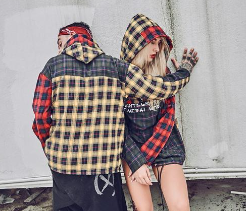 Autumn and winter tide brand hip hop street Korean youth Japanese Hong Kong wind hooded sweater stitching plaid jacket men and women tide