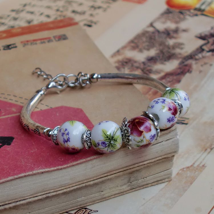 Retro ceramic jewelry, alloy elbow, blue and white porcelain bracelet, hand-made female hand ornaments