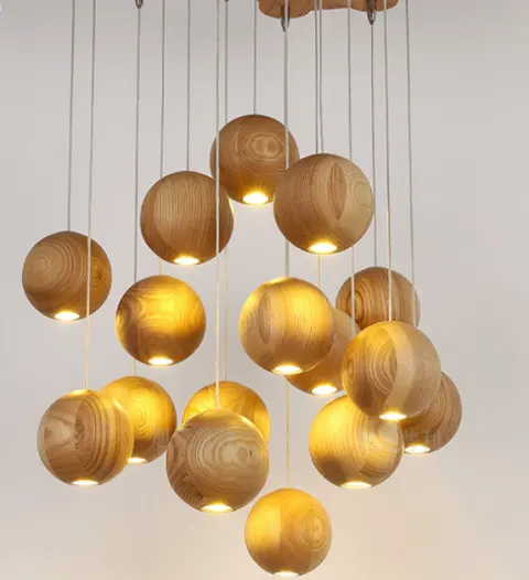 Nordic Wood Solid Ball Chandelier Creative Personality Living Room