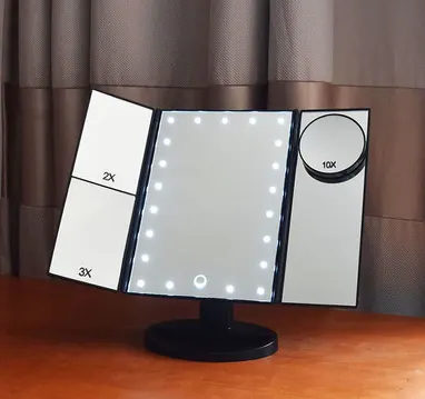 Three-sided Foldable Magnifying Desktop Makeup Mirror with Lamp