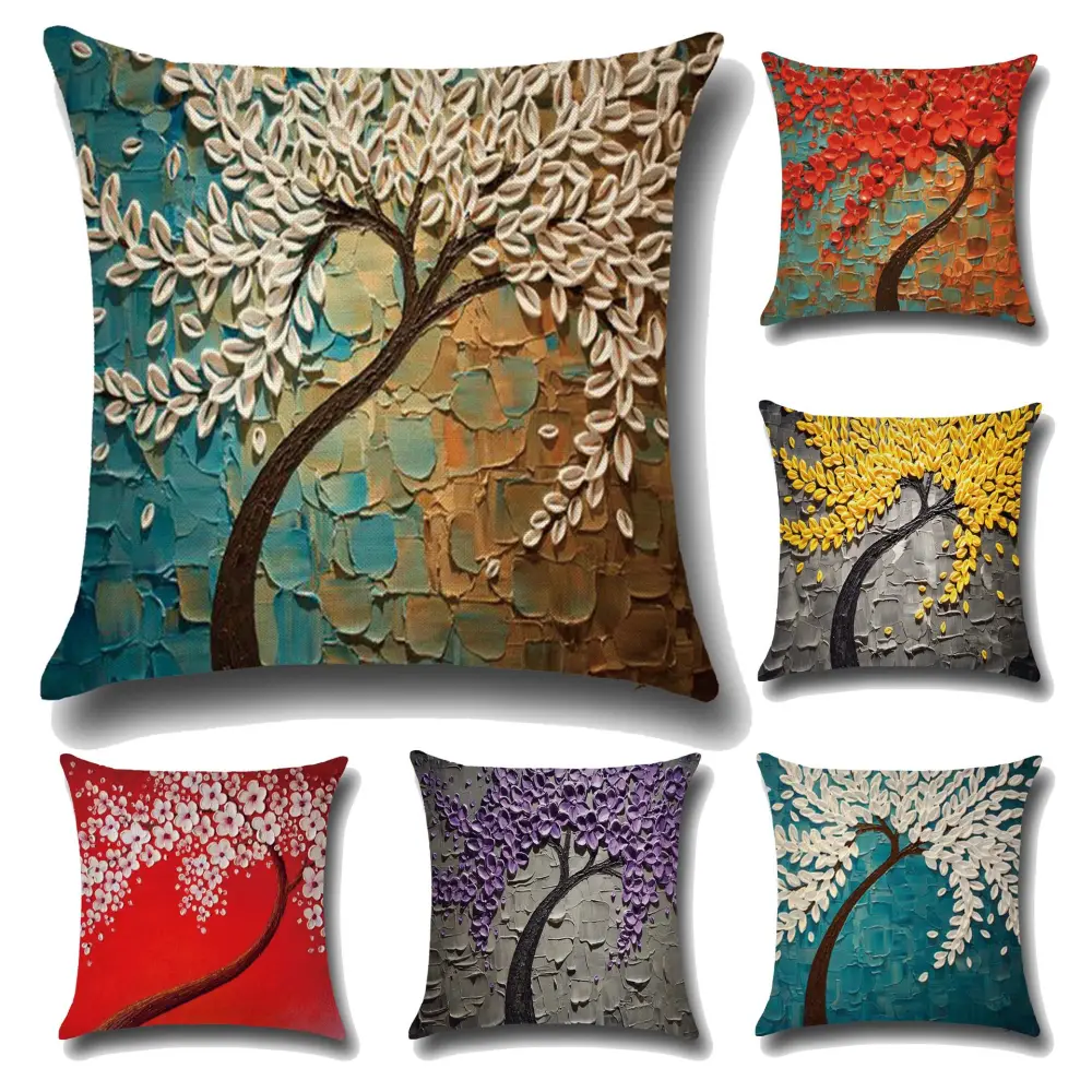 Three-dimensional Oil Painting Trees Flowers Cotton Cushion Pillowcase Car