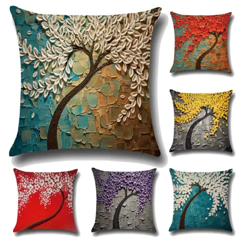 Three-dimensional Oil Painting Trees Flowers Cotton Cushion Pillowcase Car