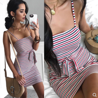 The new AliExpress wish hot sale summer sexy color striped dress