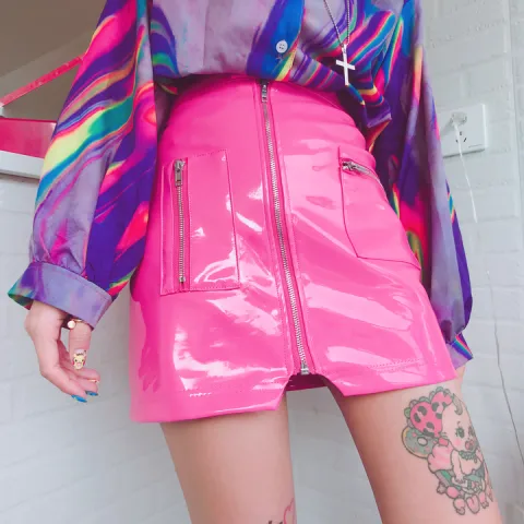 Women High Waist Pink Pu Leather Skirts with Pocket