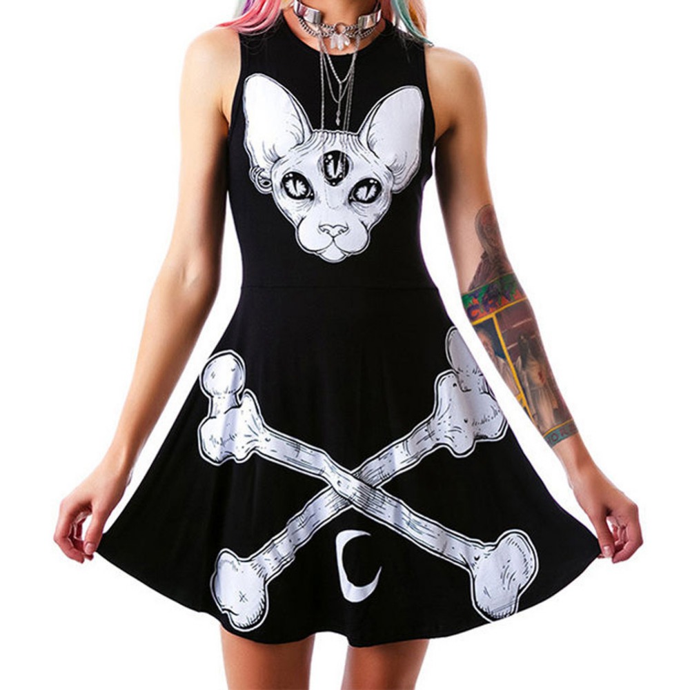 summer dress female new European and American cartoon three-eyed strange cross half moon pattern sleeveless skirt