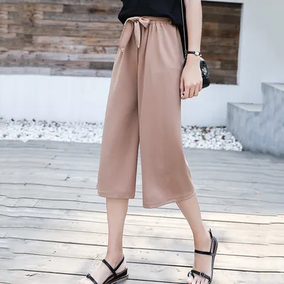 Wide leg pants female spring summer new Korean version of Broadway loose Chiffon leisure straight tie lace nine points waist waist pants - Khaki