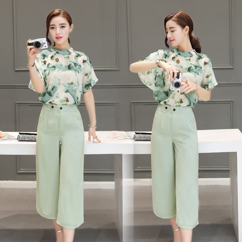 Summer Wear, Two Piece Trousers, Korean Version, Chiffon Short Sleeved Blouse, Wide Leg Pants, Casual Fashion Suit Girl.