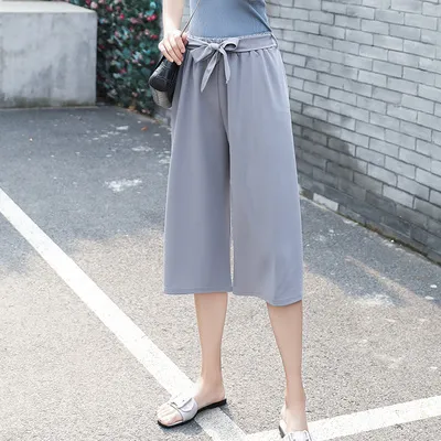 Wide leg pants female spring summer new Korean version of Broadway loose Chiffon leisure straight tie lace nine points waist waist pants - Gray