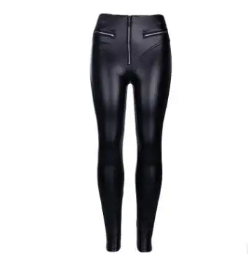 High Waist Gothic Black PU Leather Leggings Women Zipper Front Workout Jeggings Black - Shop at LoveMi