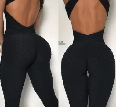 Yoga Jumpsuit Cross Design Backless Tracksuit Full Bodysuit - Black