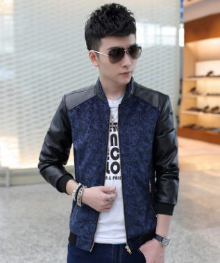 Meng men's autumn new pu leather stitching jacket men's Korean version of the Slim men's youth baseball collar floral jacket