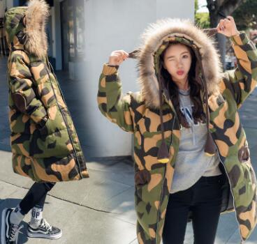 winter new long paragraph over the knee college wind thickening real fur collar cotton women's hooded Slim down jacket