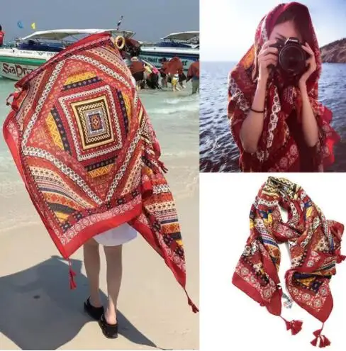Indian Hippie Shawl Beach Scarves Linen Warm Retro Geo