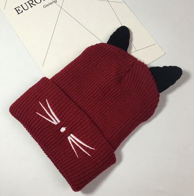 Cute cat ears beard embroidery knit hat wool hat female autumn and winter warm hooded hat tide