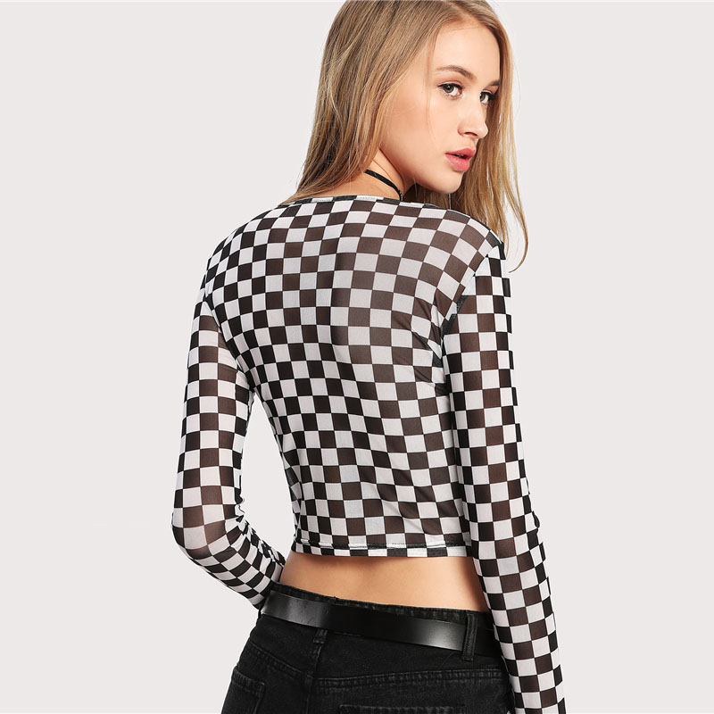 Europe and the United States hot Amazon explosion models autumn and winter new women's black and white plaid round neck mesh long-sleeved T-shirt women