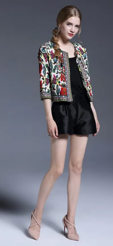 Seven-point sleeve embroidery printing national wind jacket thin top with lining