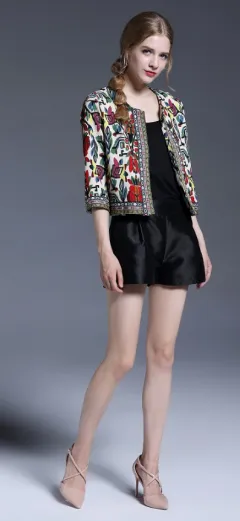 Seven-point sleeve embroidery printing national wind jacket thin top with lining - View 1