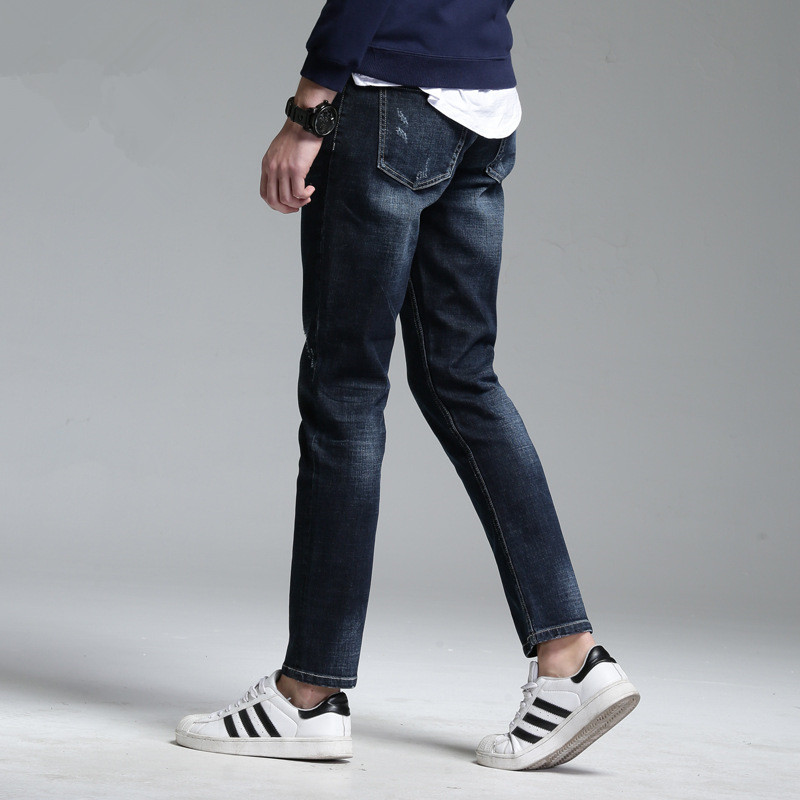 spring denim men's pants men's thin velvet jeans men's straight hole patch jeans cotton stretch men's trousers