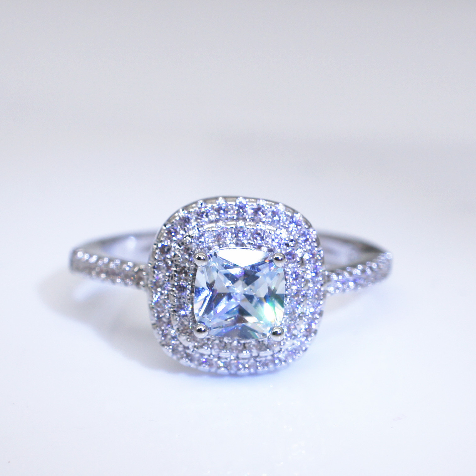 New double-layered tiger claw square zircon ring European and American mosaic topaz colored diamond ring