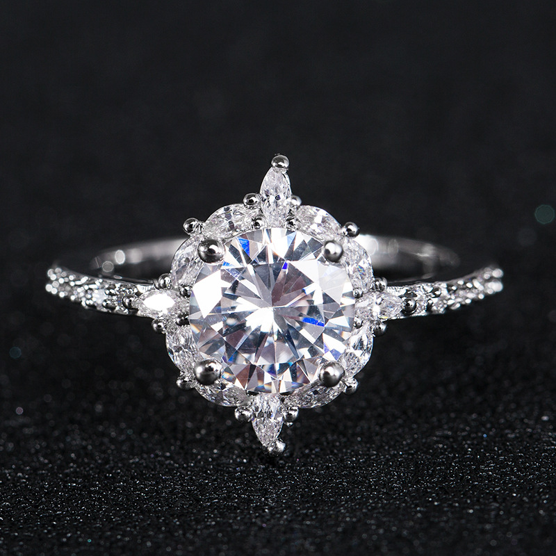 Fashion Ladies Ring Diamond Set Round Zircon Copper Silver Plated Jewelry