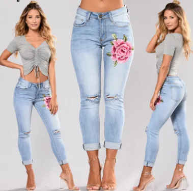Blue Low Waist Pencil Ripped Embroidery Jeans Woman Stretch Skinny Vintage Denim Pants - Shop at LoveMi