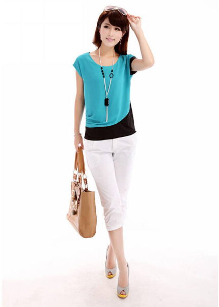 Round neck colorblock summer chiffon top short sleeve chiffon shirt