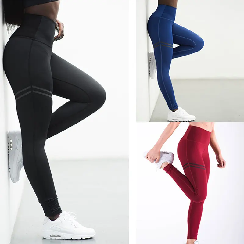 High Waist Solid Color Striped Stretch Yoga Pants Fitness