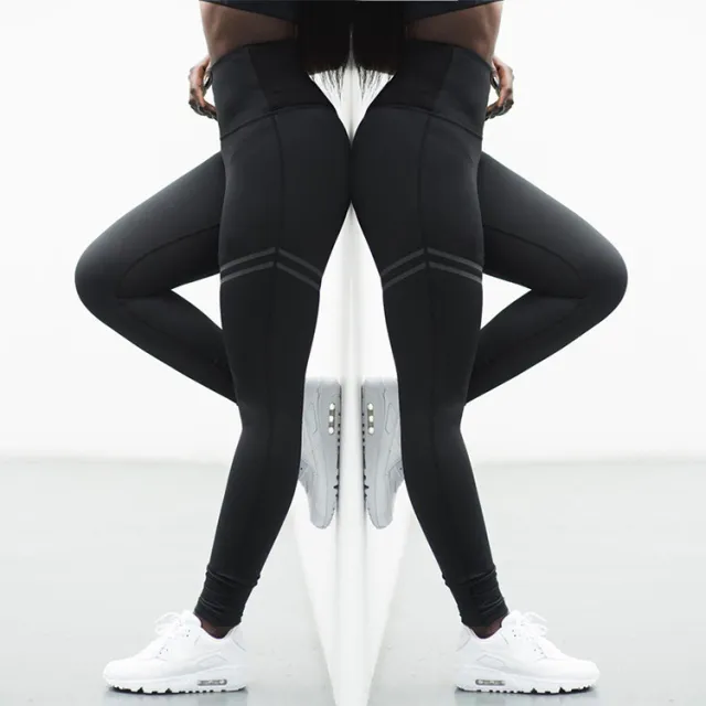 High waist solid color cross border striped stretch yoga pants fitness bottoming nine points trousers Black - Shop at LoveMi