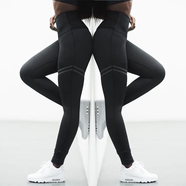 High waist solid color cross-border striped stretch yoga pants fitness bottoming nine points trousers - Black