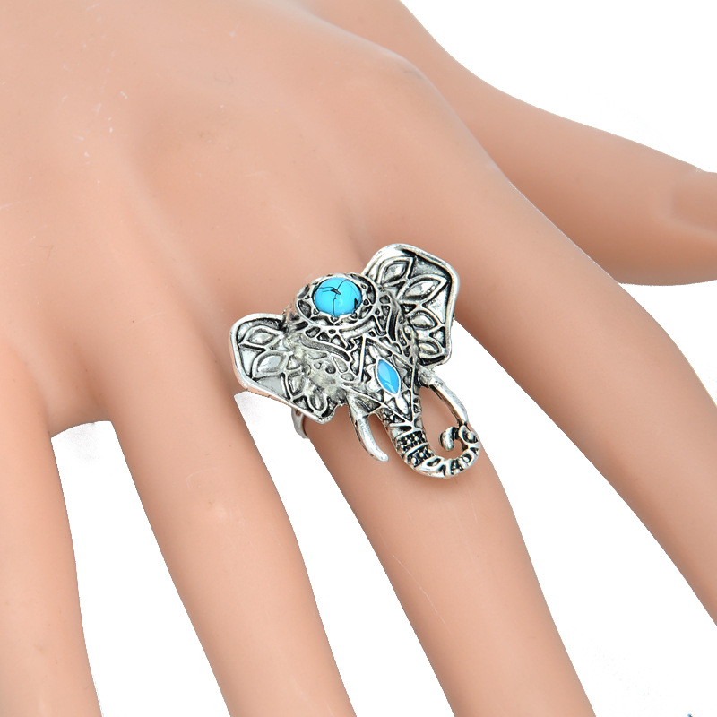 Amazon Europe and the United States retro new turquoise elephant head ring personality fashion wild joint ring accessories