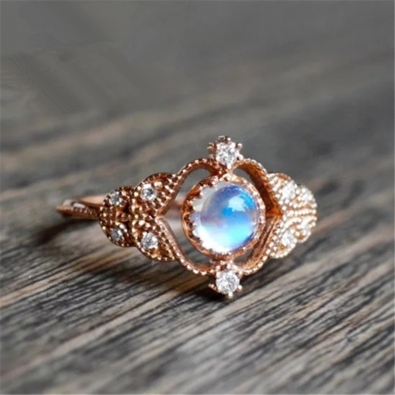 Europe and the United States new exquisite moonstone ring ring ring ladies accessories copper plated rose gold zircon party ring