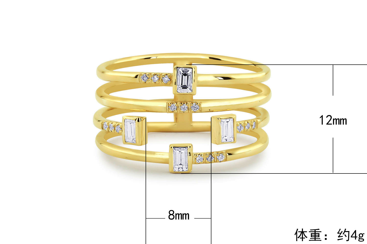 Personality four-line ladies ring Copper-plated silver zircon party ring jewelry