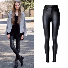 High waist slim stretch coated faux leather pants denim pants PU pocket locomotive wild large size - View 1