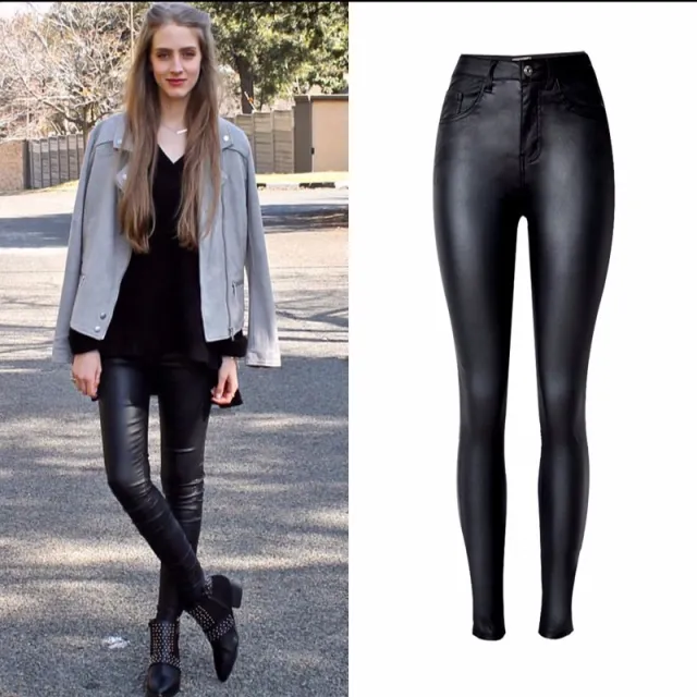 High waist slim stretch coated faux leather pants denim pants PU pocket locomotive wild large size - Shop at LoveMi