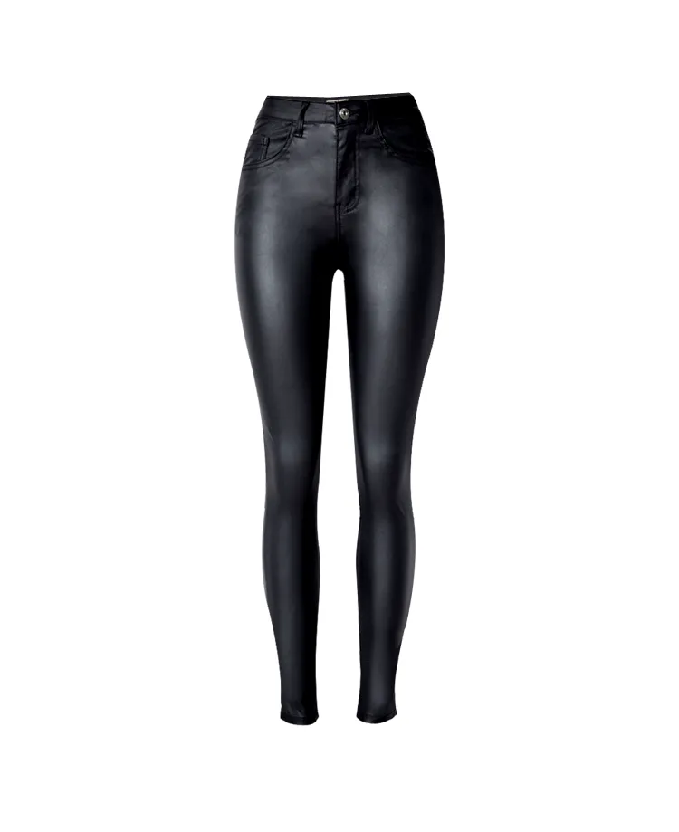 High waist slim stretch coated faux leather pants denim pants PU pocket locomotive wild large size - High Waist Slim Stretch Coated