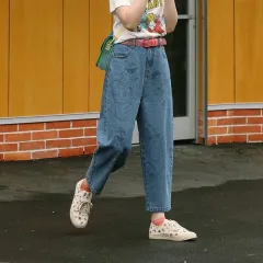 Automne Nouvelles Femmes De Mode Jeans Pleine Longueur Zipper Cartoon Ours Imprimer Jambe Large Pantalon Femme Denim Pantalon Preppy Style - Blue - View 1