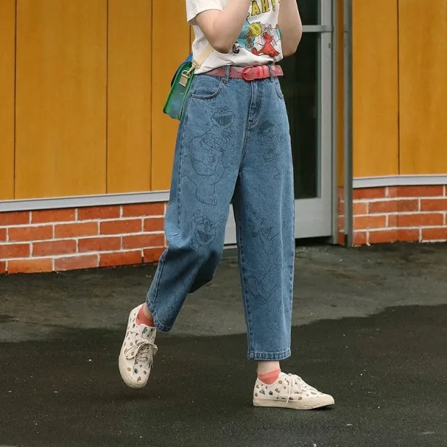 Automne Nouvelles Femmes De Mode Jeans Pleine Longueur Zipper Cartoon Ours Imprimer Jambe Large Pantalon Femme Denim Pantalon Preppy Style Blue - Shop at LoveMi