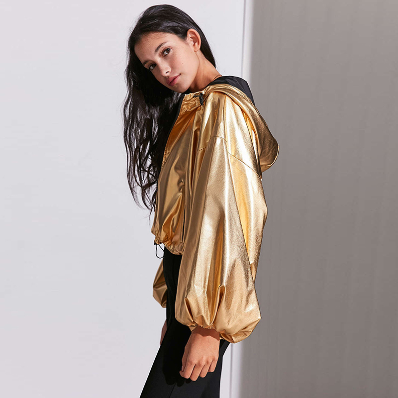 European and American fashion simple metallic lantern sleeves hooded jacket