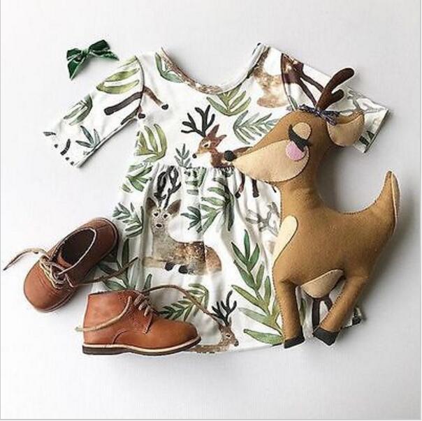 Summer new deer print baby girl dress 5 points sleeve
