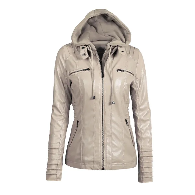 Hooded Faux Leather Jacket Slim Motorcycle Hat Detachable Plus Size 5xl Pu Leather Coat Apricot Color - Shop at LoveMi