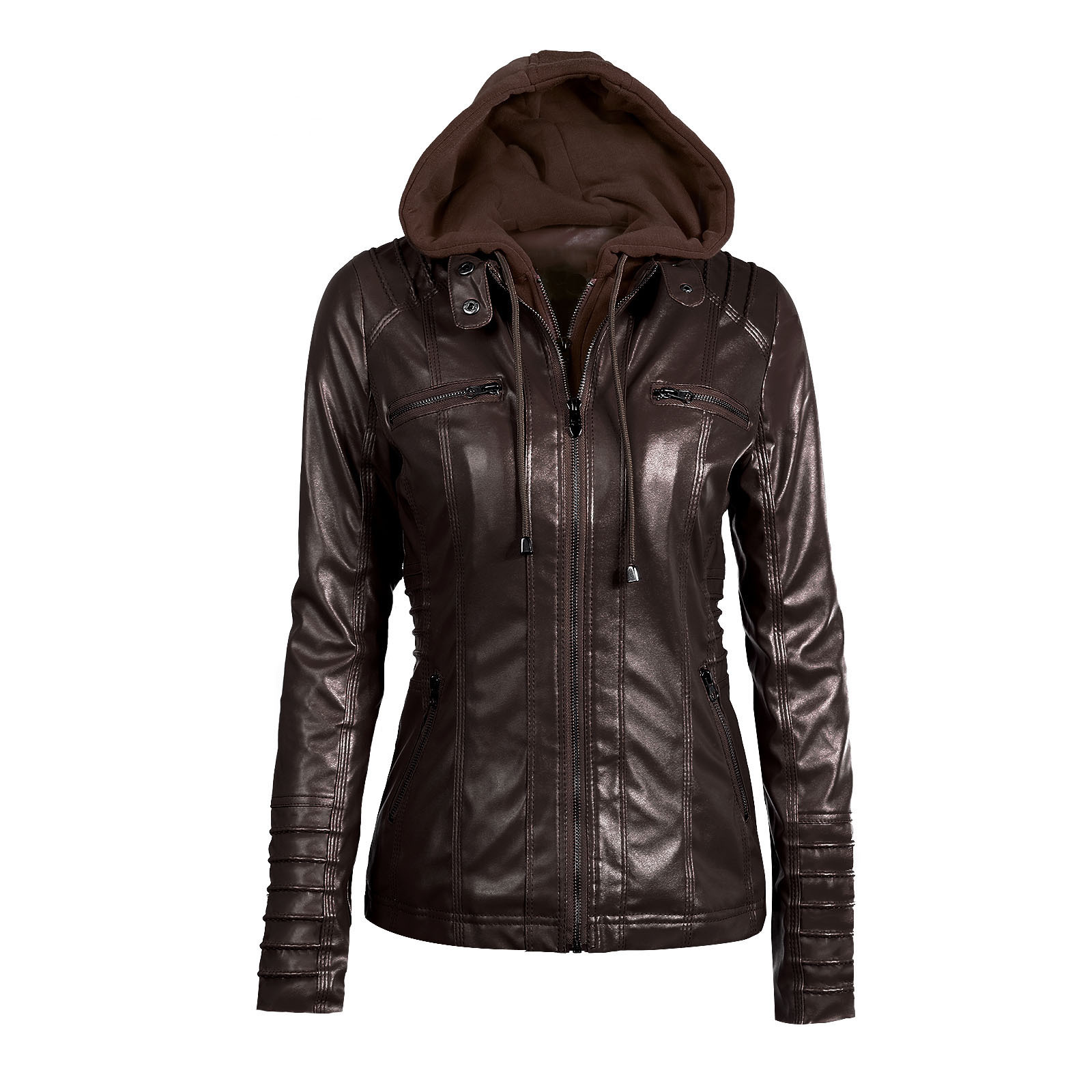Hooded Faux Leather Jacket Slim Motorcycle Hat Detachable Plus Size 5xl Pu Leather Coat Coffee - Shop at LoveMi
