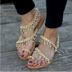 Women Sandals Flat Pearl Comfortable String Bead Slippers - Brown - View 1