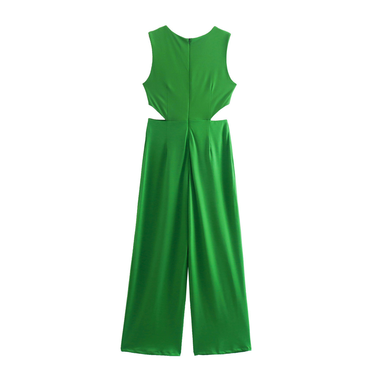 Women’s Round Neck Solid Color Knotted Cutout Jumpsuit