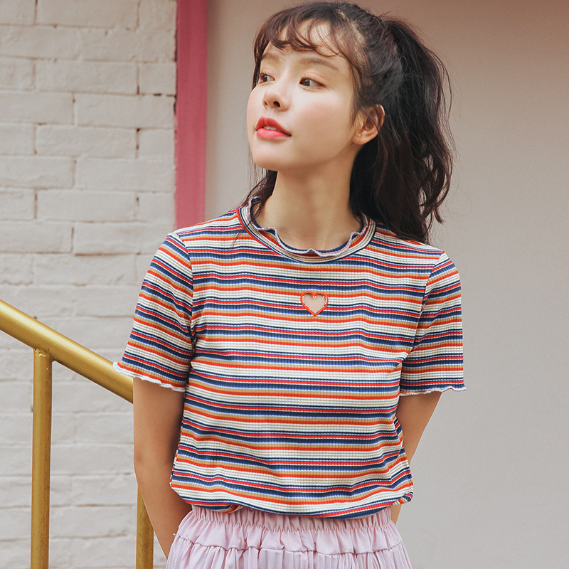 New love pierced round neck embroidered short sleeved striped shirt T-shirt