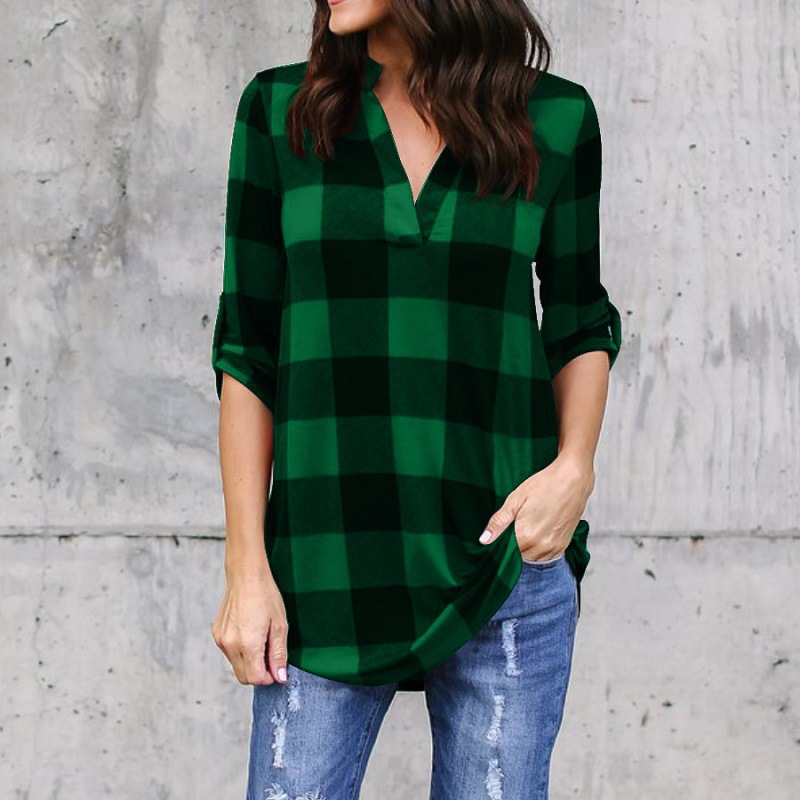 European and American plaid printed V-neck long-sleeved loose blouse shirt